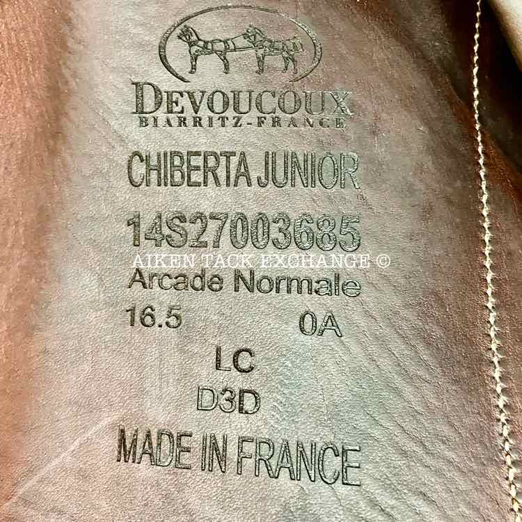 2014 Devoucoux Chiberta Junior Monoflap Jump Saddle, 16.5" Seat, 0A Flap, Medium Wide Tree, D3D Panels, Full Buffalo Leather