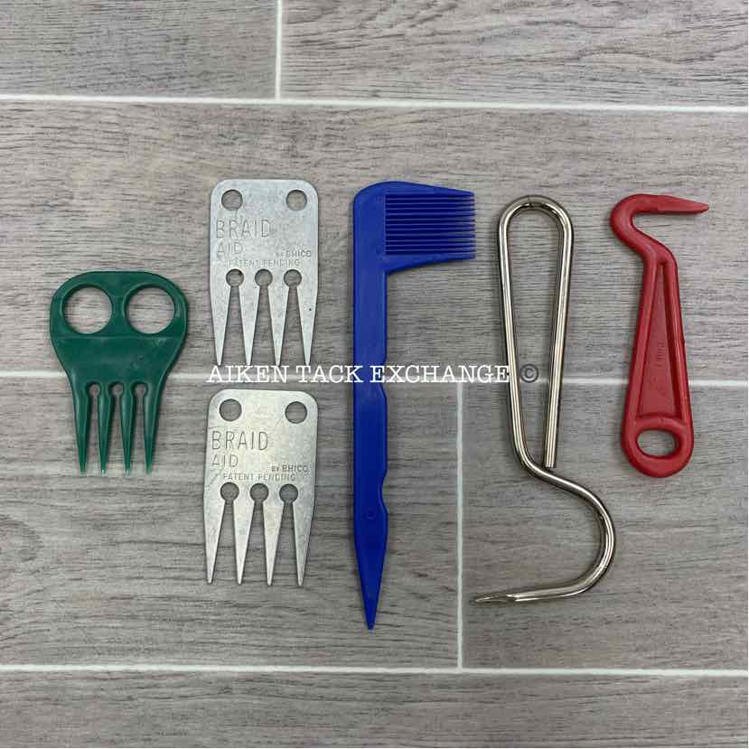 6-Piece Set: 2 Hoof Picks, 3 Braid Aid Combs & 1 Long Handle Comb