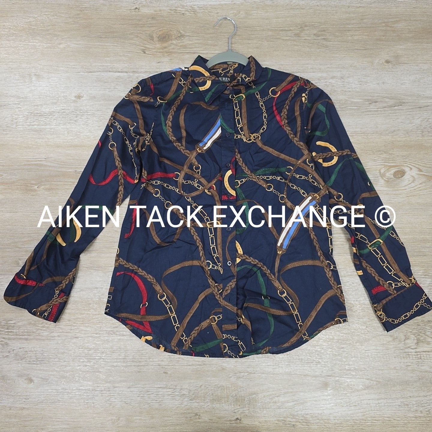 Lauren by Ralph Lauren Equestrian Print Long Sleeve Top, Size Medium