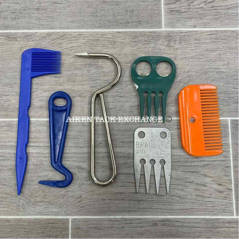 6-Piece Set: 2 Hoof Picks, 2 Braid Aid Combs & 2 Plastic Combs
