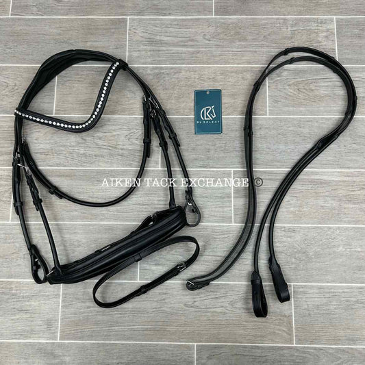 KL Select Flexion Rolled Snaffle Bridle with Reins, Black, Size Full