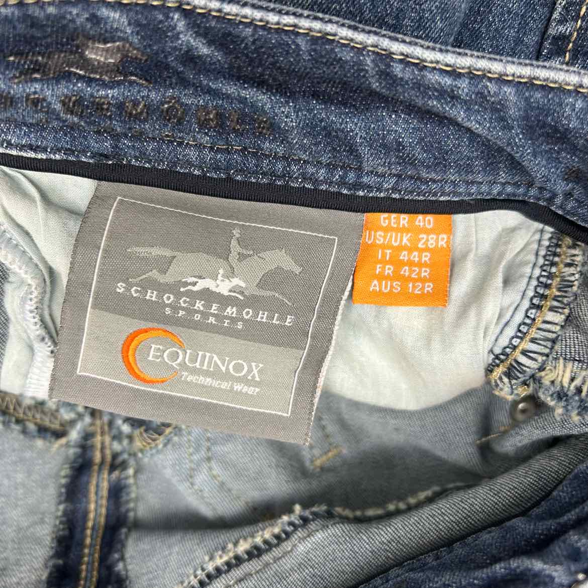 Schockemohle Lyra Silicone Grip Knee Patch Denim Breeches, Size 28 R