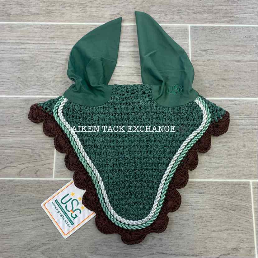 USG by KL Select Fly Veil Ear Bonnet, Dark Green/Ecru/Brown Size Full, Brand New