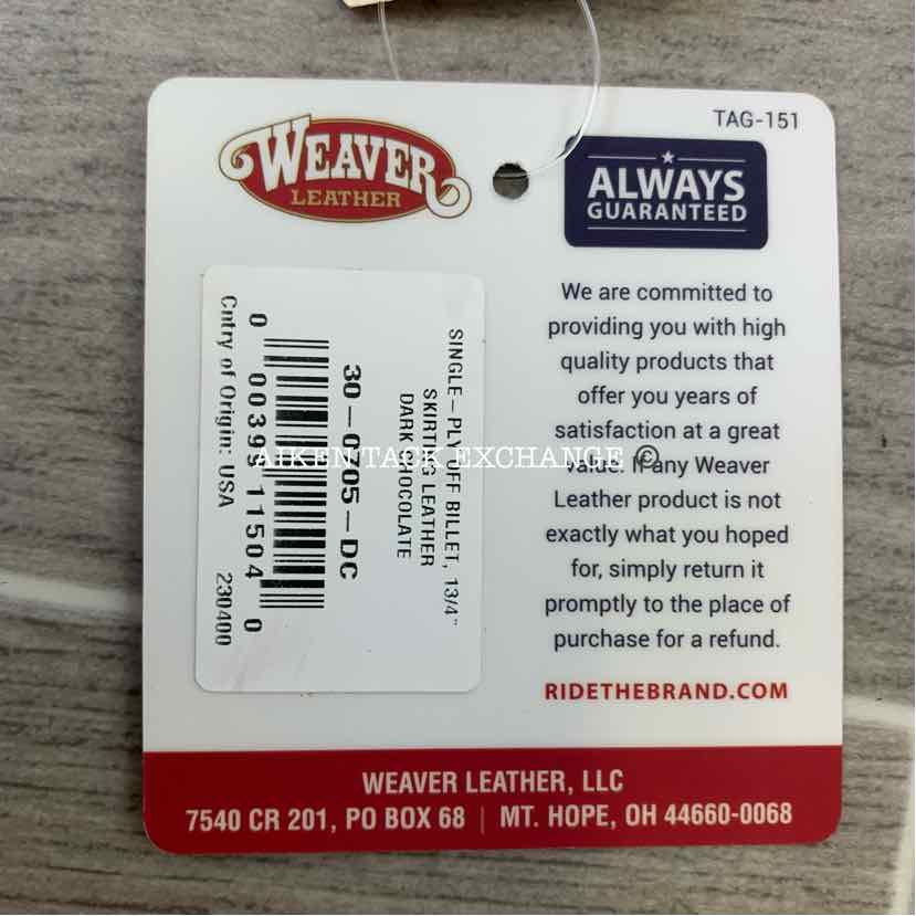 Weaver Single Ply Leather Off Billet, Dark Chocolate, 1 3/4" x 39"