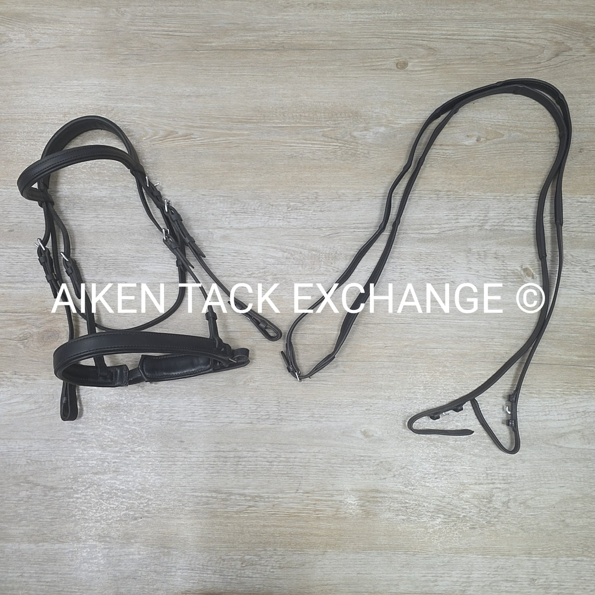 Plain Monocrown Bridle with Red Barn Calf Lined Dressage Reins, Black, Size Full