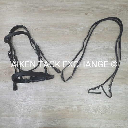 Plain Monocrown Bridle with Red Barn Calf Lined Dressage Reins, Black, Size Full