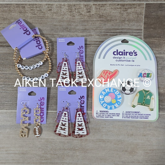 Claire's Game Day Bundle - 3 Pairs of Earrings, 2 Bracelets, 5 Button Pins
