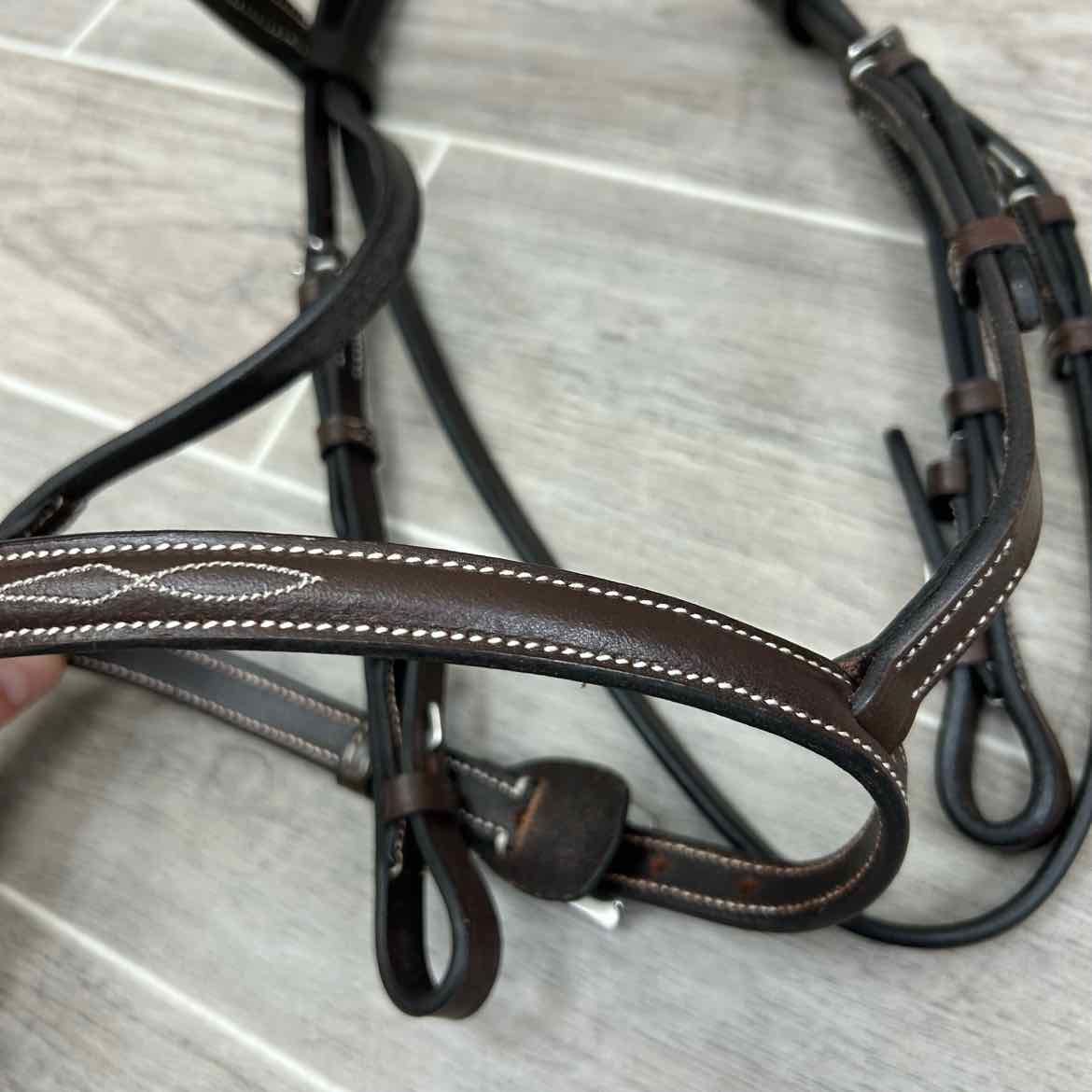 Fancy Stitched Bridle with Matching Laced Reins, Brown, Size Pony