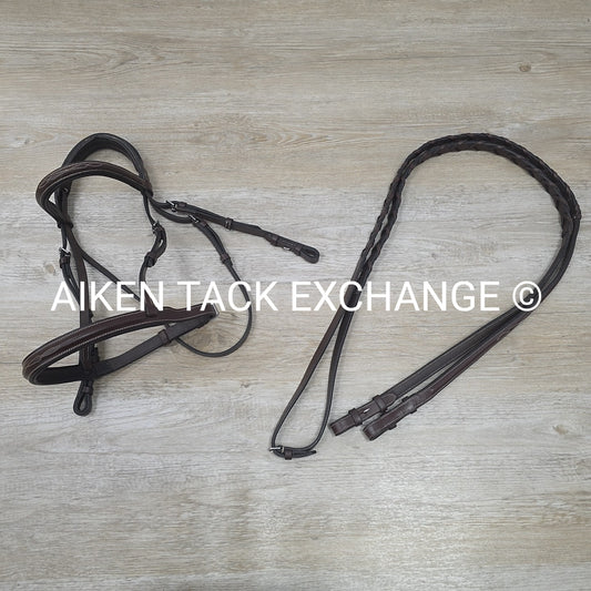 KL Select Black Oak Fancy Stitched Bridle with Matching Laced Reins, Brown, Cob