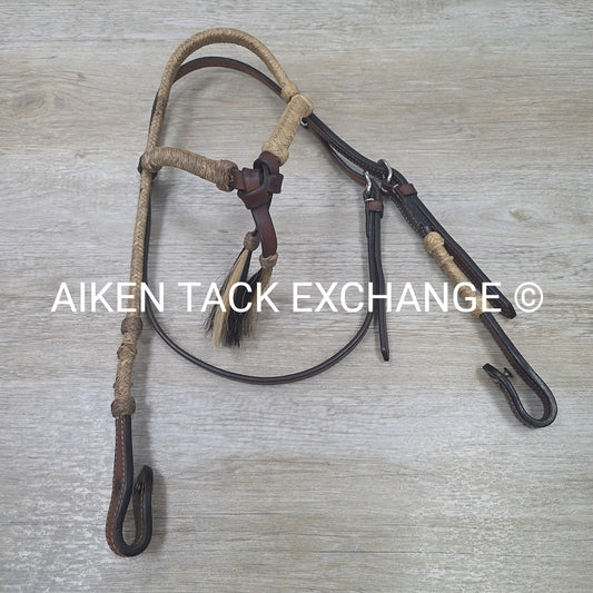 Riata Leather with Rawhide Wraps Horsehair Tassel Head Stall, No Reins, Brown