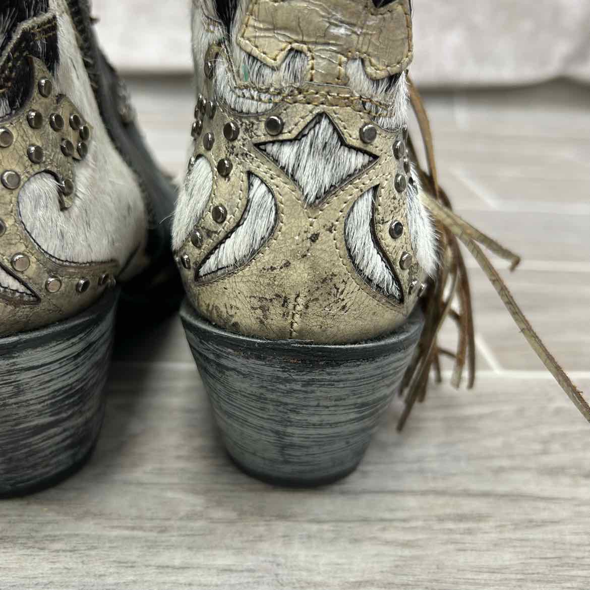 Corral Cow Hide with Fringe Western Boots, Size 7.5