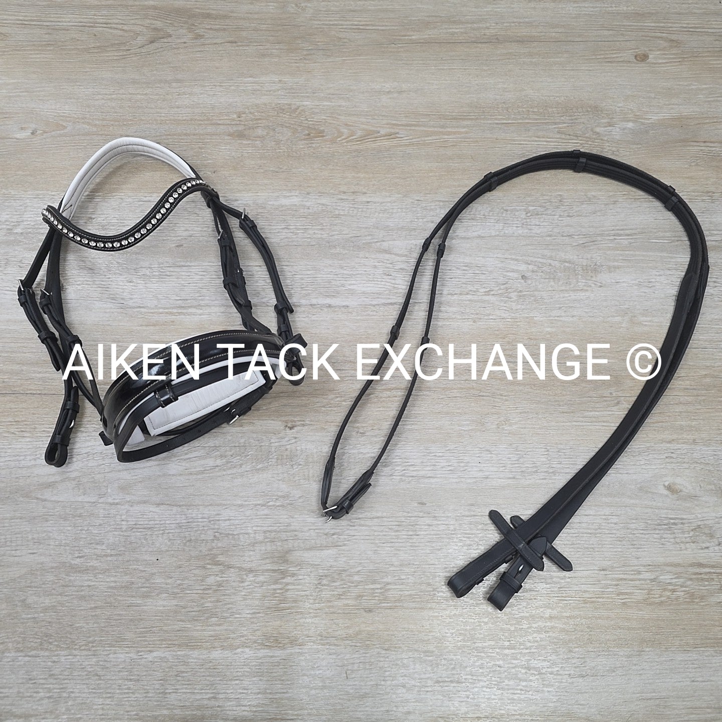 QHP Ahrodite Dressage Bridle with Cotton Web Reins, Black & White, Size Cob