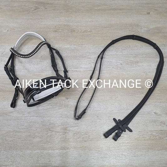 QHP Ahrodite Dressage Bridle with Cotton Web Reins, Black & White, Size Cob