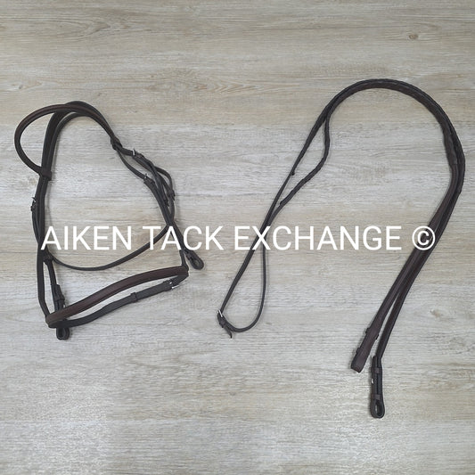 Plain Square Raised Bridle with Matching Laced Reins, Brown, Oversize