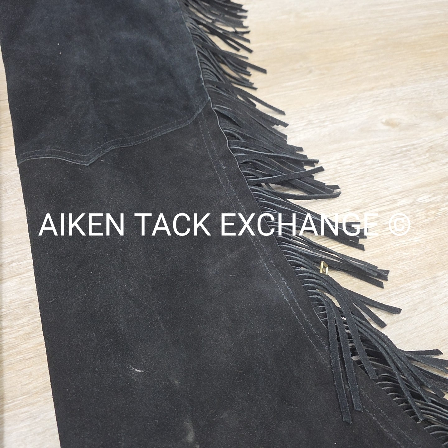 Suede Full Chaps with Fringe, Black, Size Small