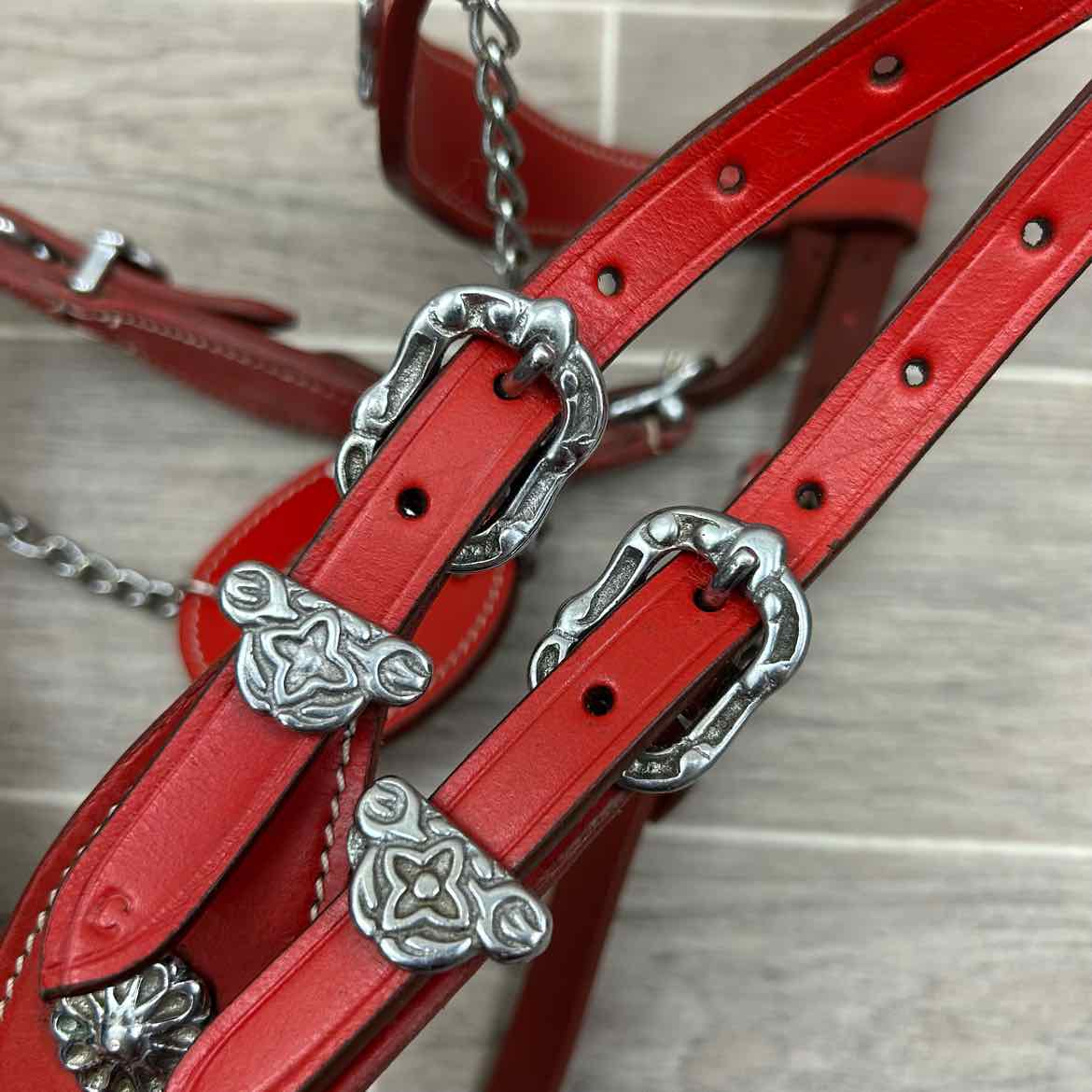 Baroque Style Bridle with Matching Reins, Red, Size Cob