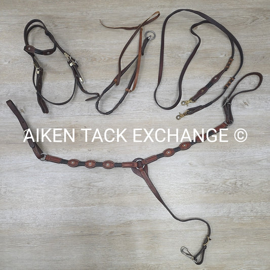 Double J Saddlery Headstall with Reins, Tie Down, & Breastplate Set, Brown, Full
