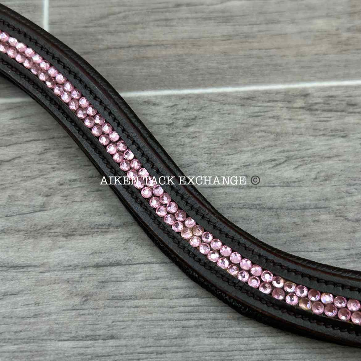 Padded Leather Curved Bling Browband, Brown & Pink, 16"