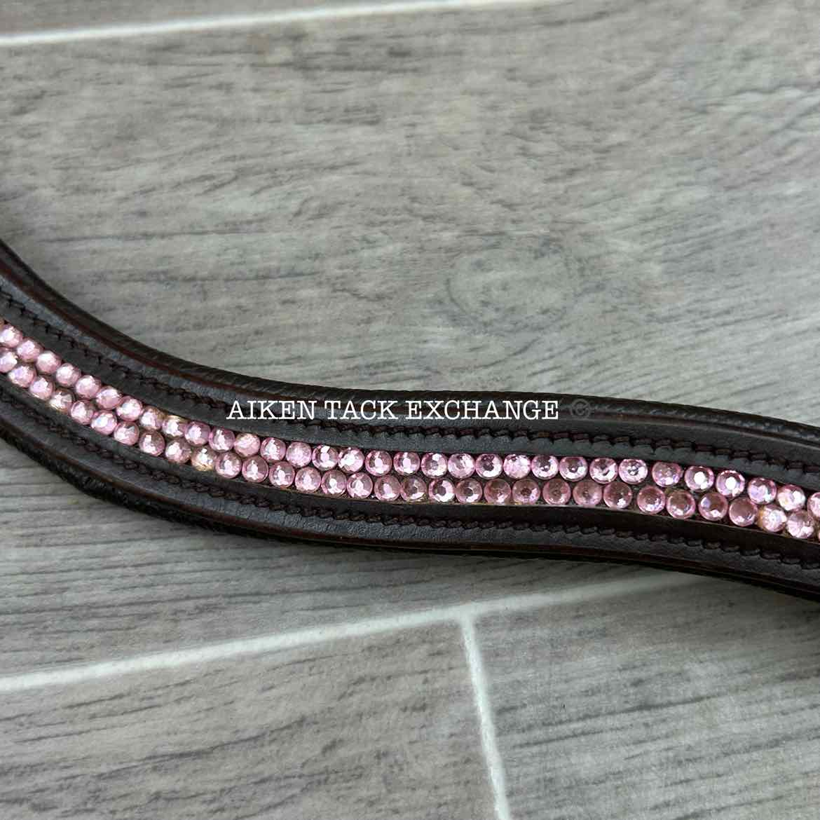 Padded Leather Curved Bling Browband, Brown & Pink, 16"