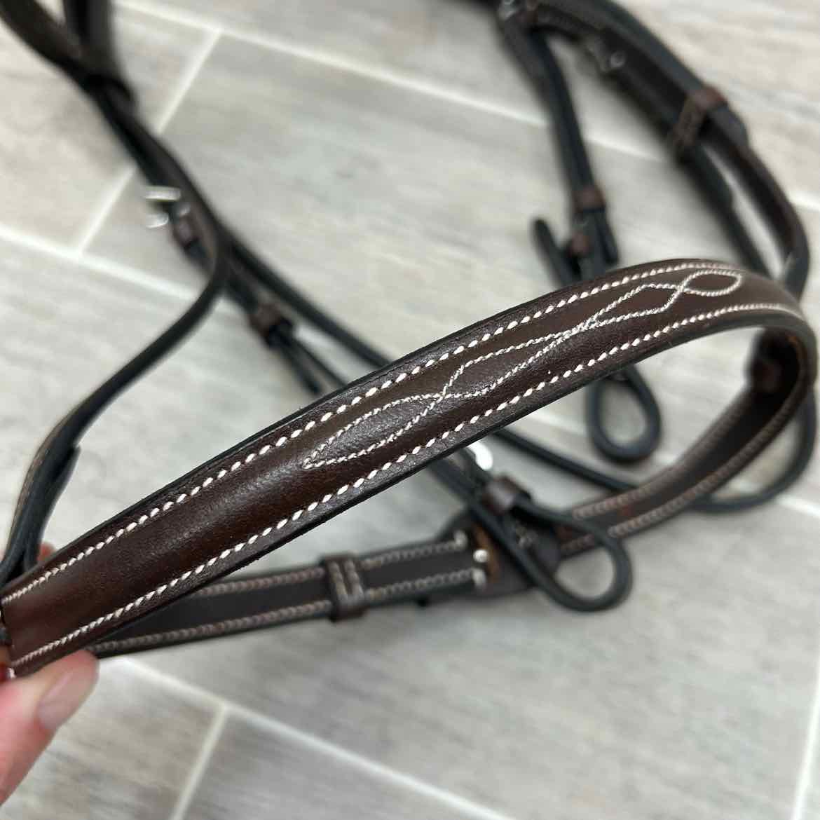 Fancy Stitched Bridle with Matching Laced Reins, Brown, Size Pony