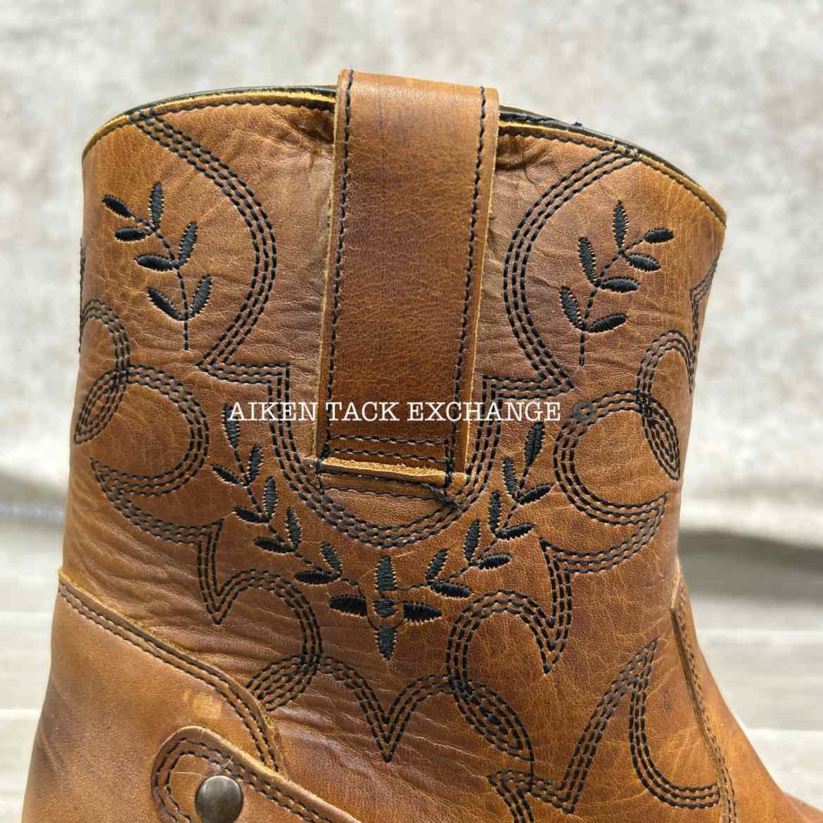 Sterling River Caramel R-Toe Booties w/ Black Embroidery, Women's 9.5