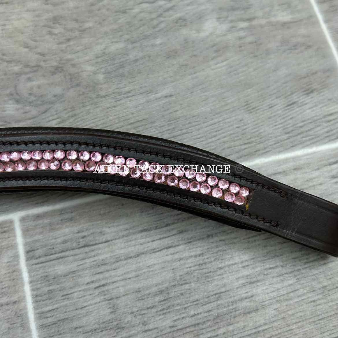 Padded Leather Curved Bling Browband, Brown & Pink, 16"