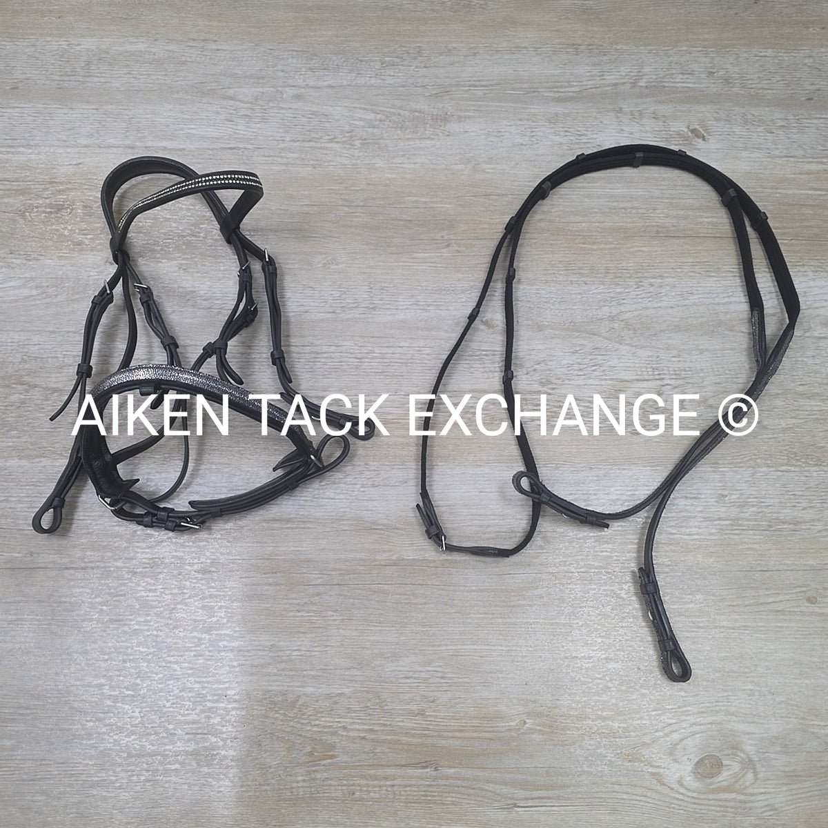 Ovation Dressage Bridle, Missing Flash Strap, with Cotton Web Reins, Black, Full
