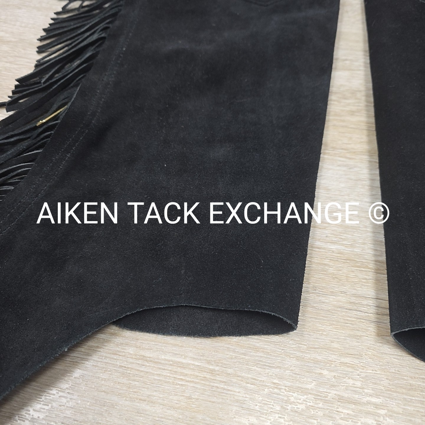 Suede Full Chaps with Fringe, Black, Size Small