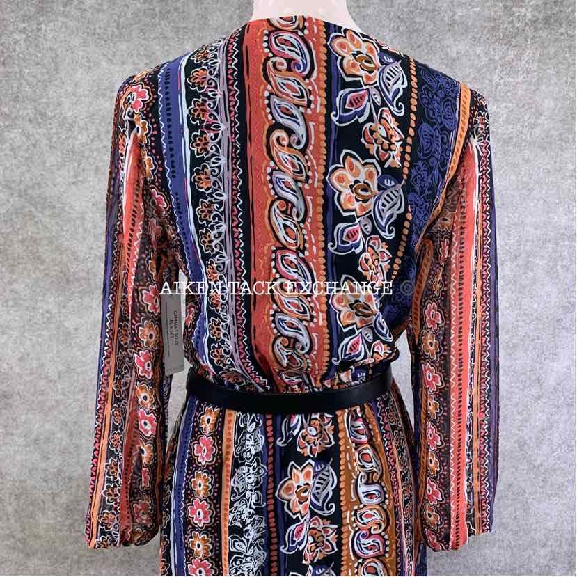 Venus Printed Stripe Long Dress w/ Belt, Size 10