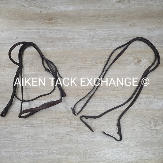 Plain Square Raised Bridle with Matching Laced Reins, Brown, Size Full