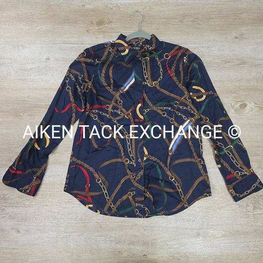 Lauren by Ralph Lauren Equestrian Print Long Sleeve Top, Size Medium