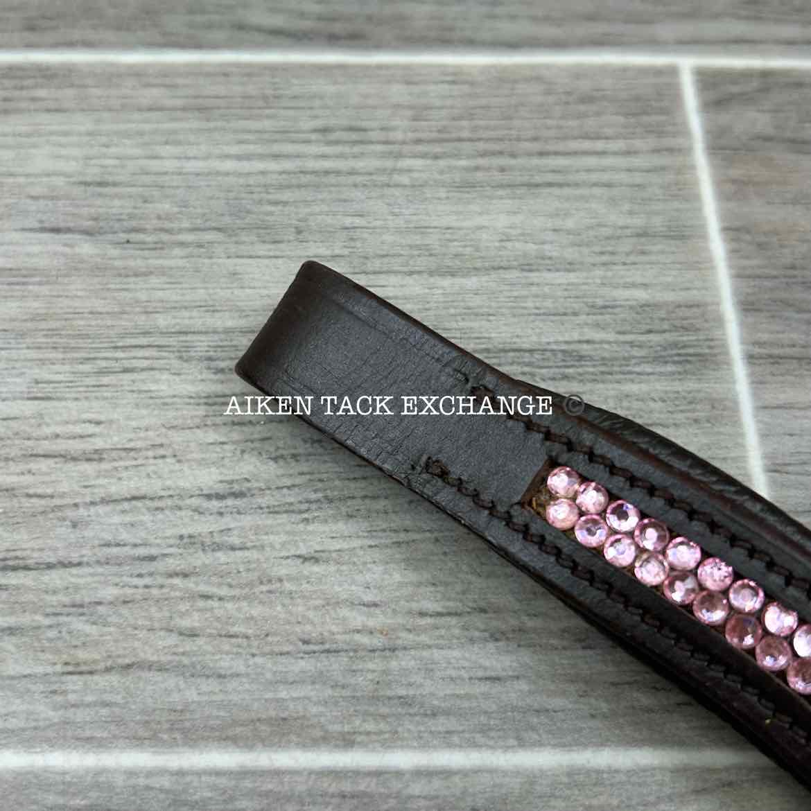 Padded Leather Curved Bling Browband, Brown & Pink, 16"