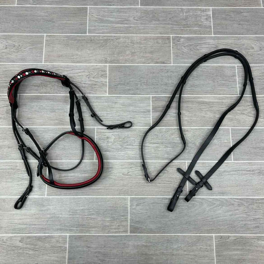 Halter Ego Anatomic Snaffle Bridle with Matching Reins, Black & Red, Size Full