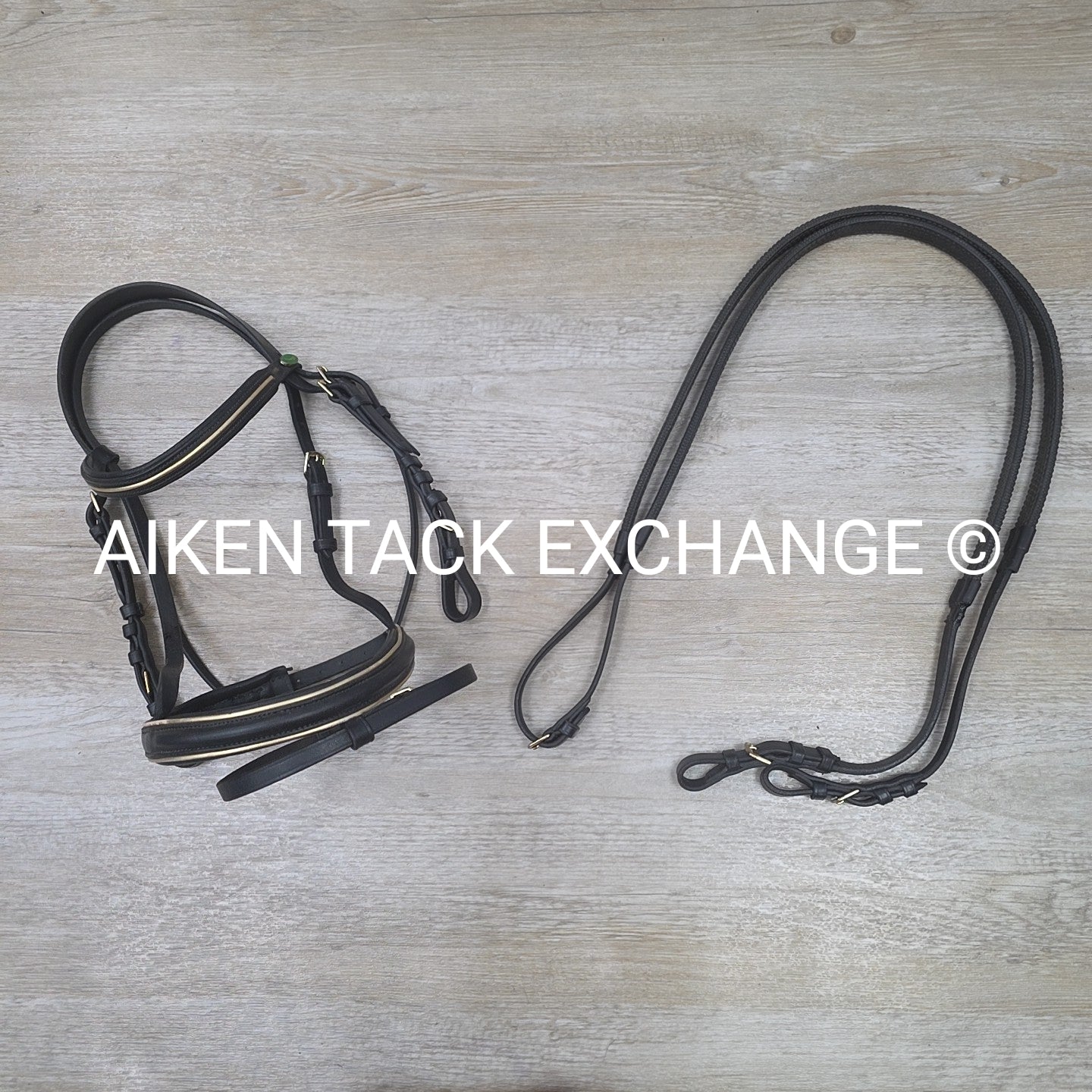 Rhinegold Flash Dressage Bridle with Matching Rubber Reins, Black with Gold, Siz