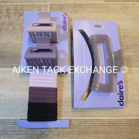Claire's Hair Bundle - 3 Claw Clips, 1 Pack of Hair Ties