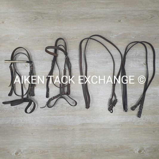 BARGAIN BUNDLE: 2 Bridles with 2 Pairs Flat Reins, Brown, Size Full