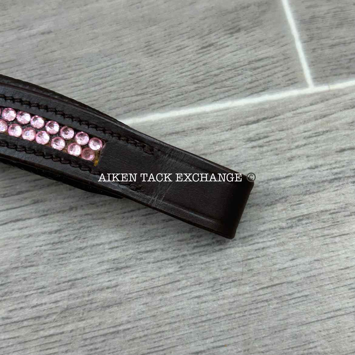 Padded Leather Curved Bling Browband, Brown & Pink, 16"