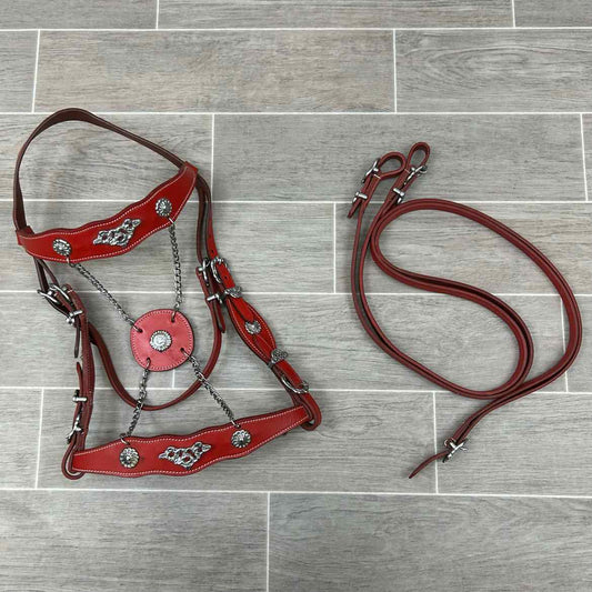 Baroque Style Bridle with Matching Reins, Red, Size Cob