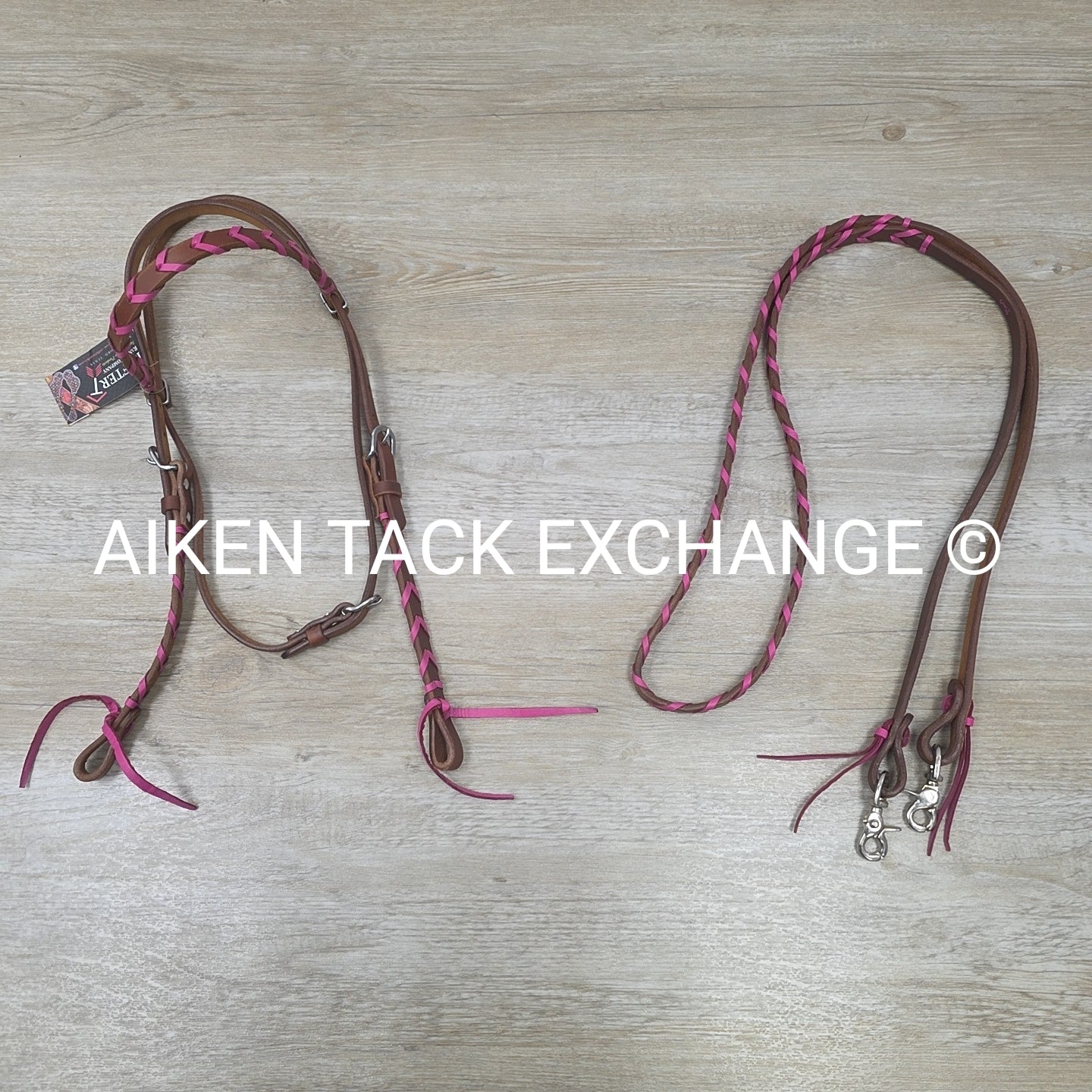 Rafter T Ranch Company Pink Plaited Browband Headstall with Matching Reins
