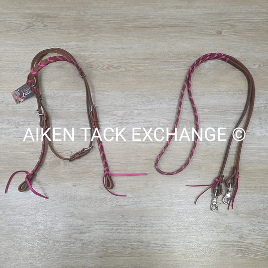 Rafter T Ranch Company Pink Plaited Browband Headstall with Matching Reins