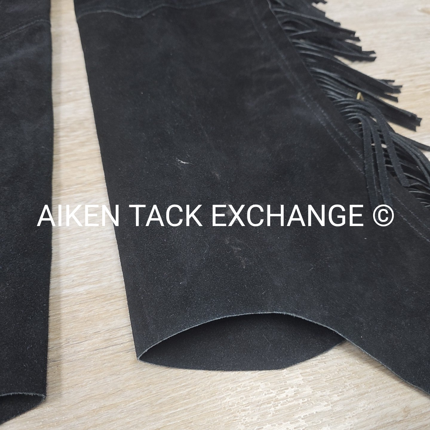 Suede Full Chaps with Fringe, Black, Size Small