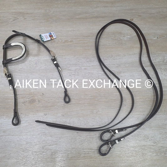 Tough1 Royal King Double Ear Show Headstall with Buckle End Split Reins, Horse
