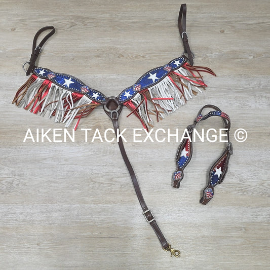 Showman Patriotic Fringe Headstall & Breast Collar Set, Size Full