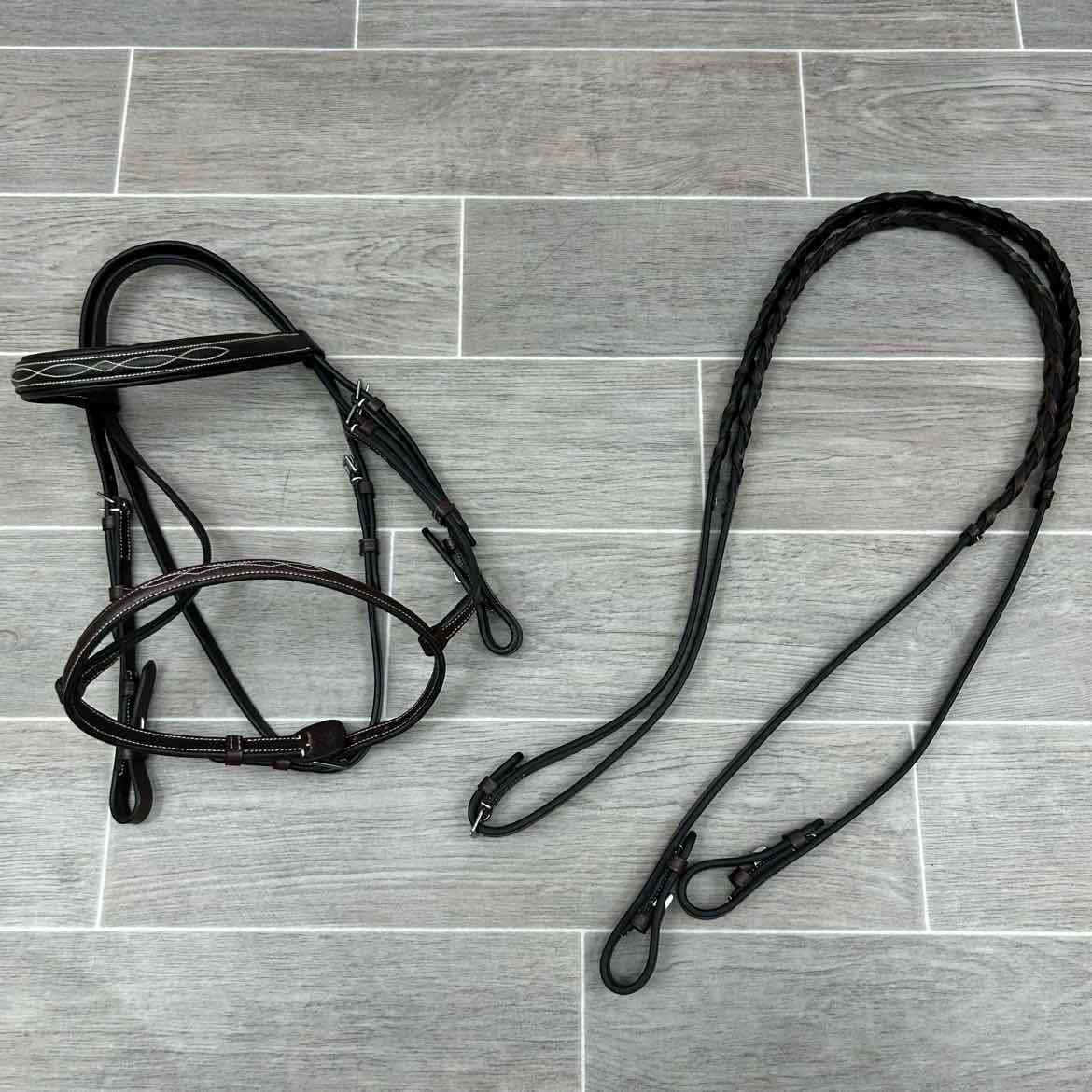 Fancy Stitched Bridle with Matching Laced Reins, Brown, Size Pony