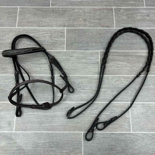Fancy Stitched Bridle with Matching Laced Reins, Brown, Size Pony