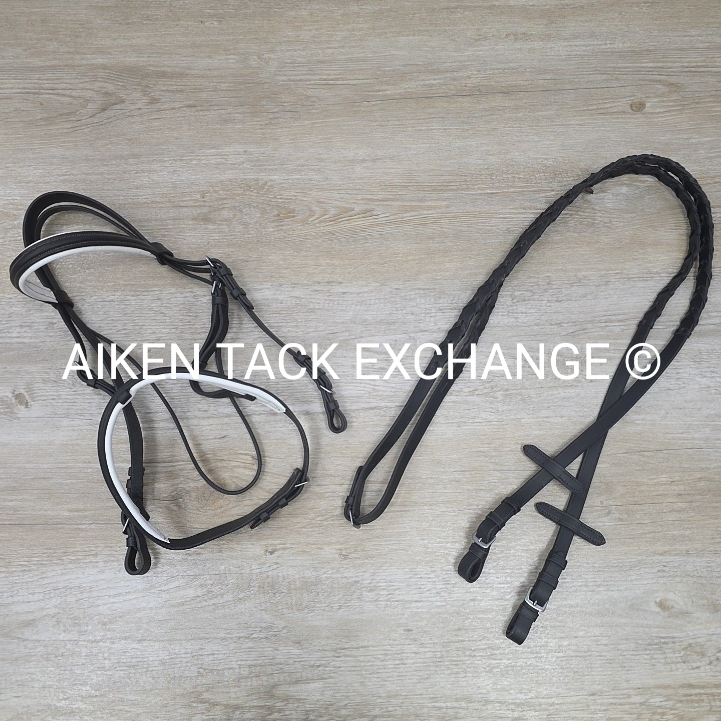 Classic Dressage Bridle with Laced Reins, Missing Flash, Black with White, Full