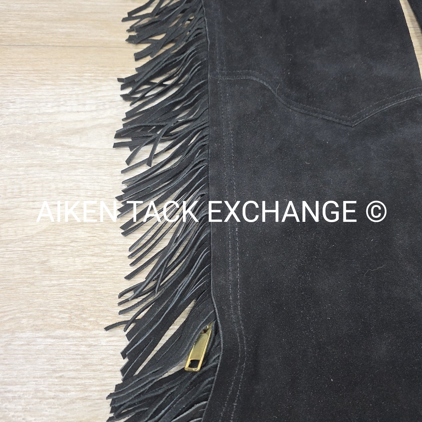Suede Full Chaps with Fringe, Black, Size Small
