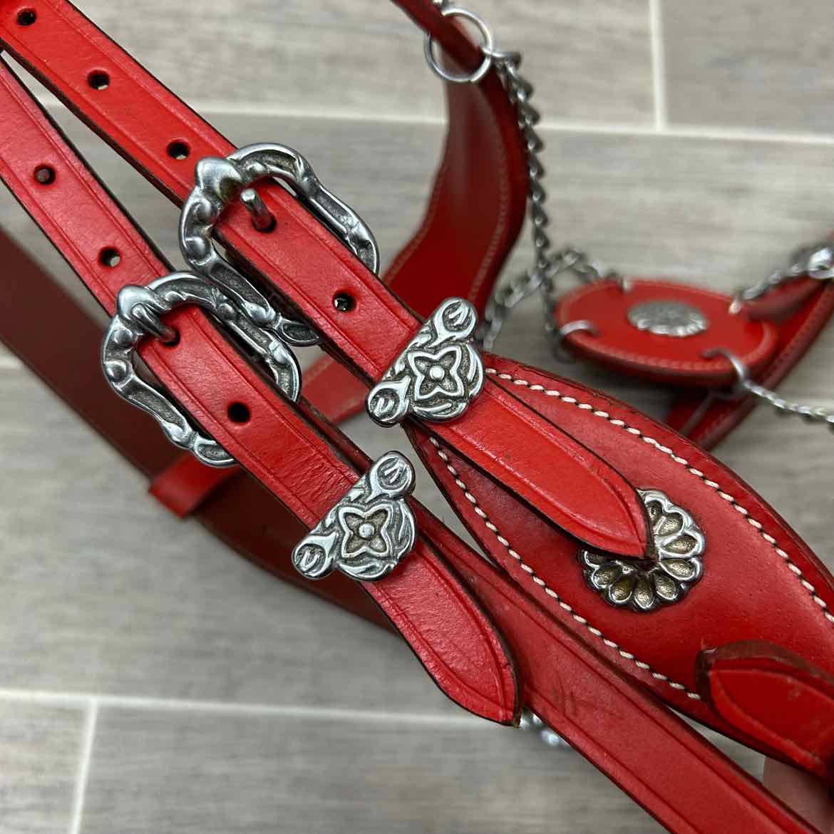Baroque Style Bridle with Matching Reins, Red, Size Cob