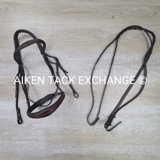 KL Select Hampton Fancy Stitched Bridle with Matching Laced Reins, Brown, Oversi