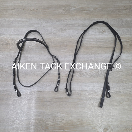 Leather Bridle, No Noseband, with Matching Cotton Web Reins, Black, Oversize